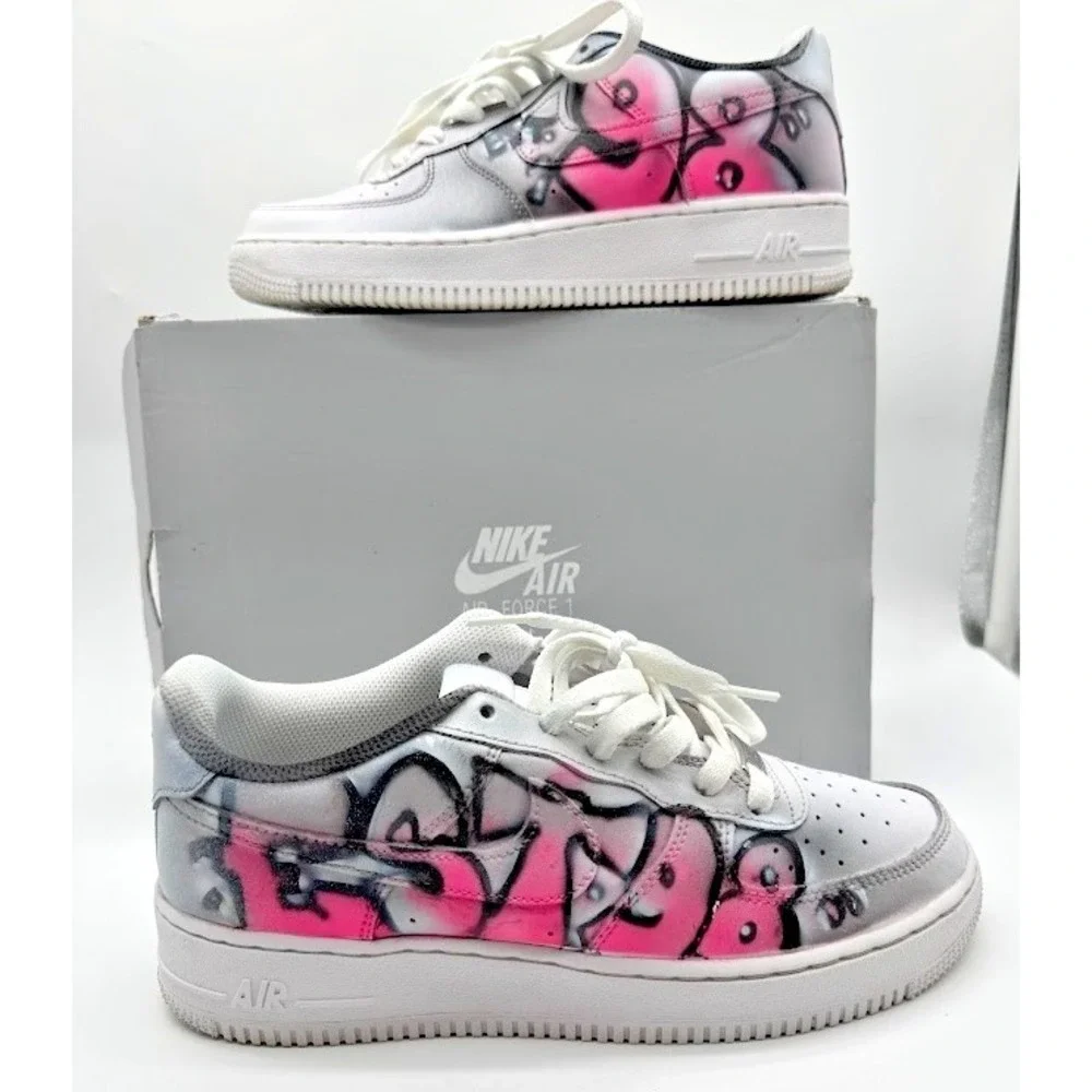 Nike Air Force 1 LE GS Custom Graffiti White Pink DH2920-111 Boys 7Y EU40